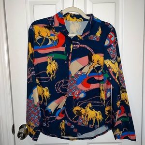 Horse print silk blouse / button down